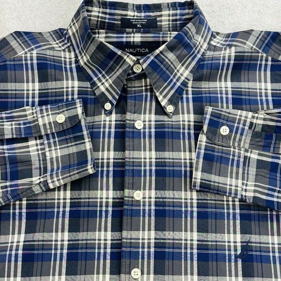 Nautica Button Down Shirt Men XL‎ Blue Plaid Long Sleeve - Picture 1 of 9